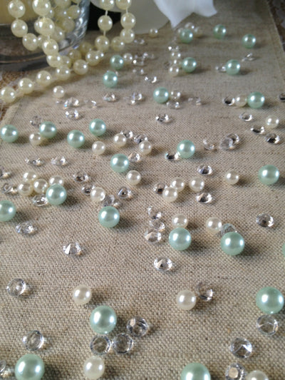 250pc Vintage Light Blue Pearls & Diamond Table Scatters For Wedding, Parties, Perfect for wine glass fillers, mason jars.