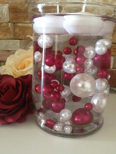 80 Cranberry/White Pearls, Jumbo & Mix Size Pearls, No Hole Pearls For Vase Fillers, Crafts, DIY Floating Pearls