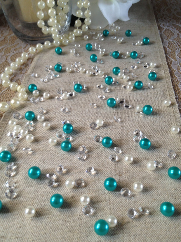 Emerald Green Pearls & Diamond Vintage Table Scatters For Wedding, Parties, Perfect for wine glass fillers, mason jars.