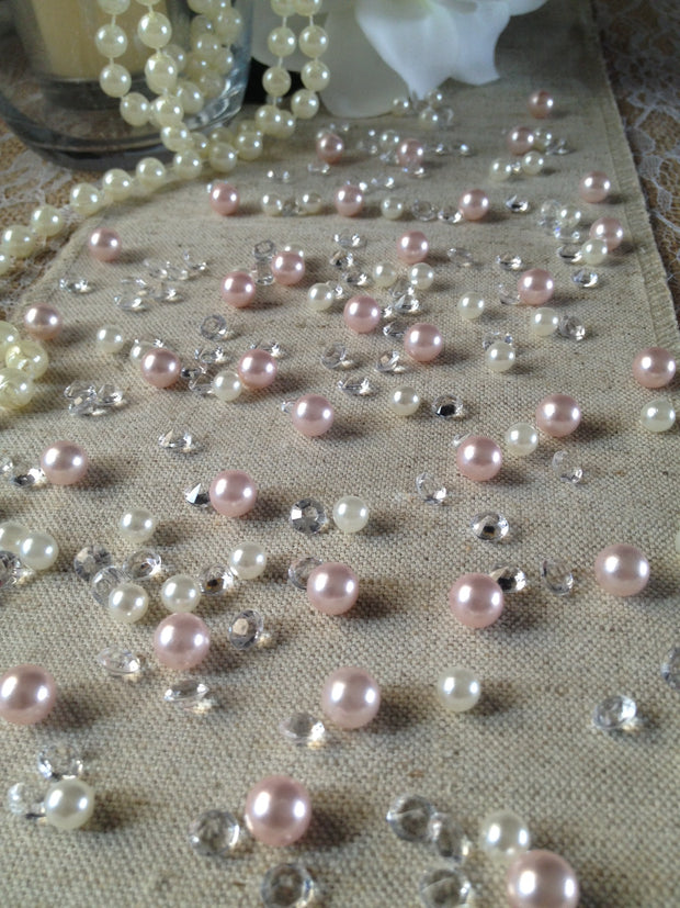 Blush Pink Pearls & Diamond, Vintage Pearl Table Scatters For Wedding, Parties, Perfect for wine glass fillers, mason jars.