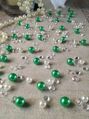 250pc Vintage Green Pearls & Diamond Table Scatters For Wedding, Parties, Perfect for wine glass fillers, mason jars.