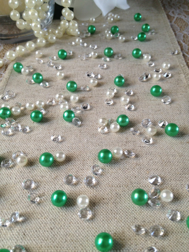 250pc Vintage Green Pearls & Diamond Table Scatters For Wedding, Parties, Perfect for wine glass fillers, mason jars.