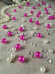 Diamonds & Pearls Vintage Table Scatters Magenta Pink Pearls, For Wedding, Parties, Perfect for wine glass fillers, mason jars.
