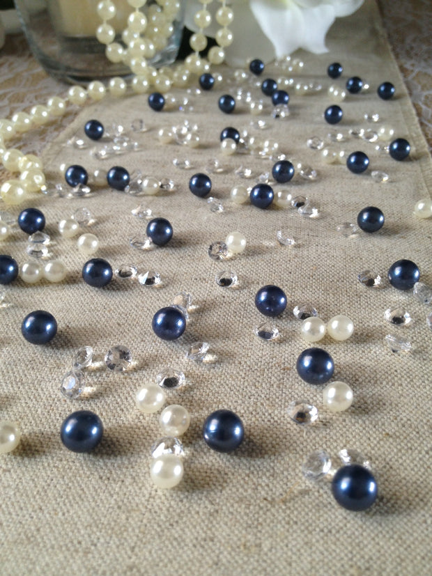 Navy Blue Pearls & Diamond Vintage Table Scatters For Wedding, Parties, Perfect for wine glass fillers, mason jars.