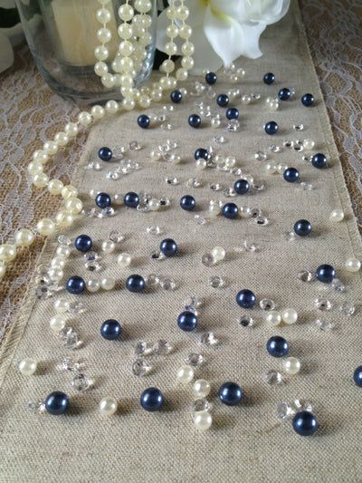 Navy Blue Pearls & Diamond Vintage Table Scatters For Wedding, Parties, Perfect for wine glass fillers, mason jars.