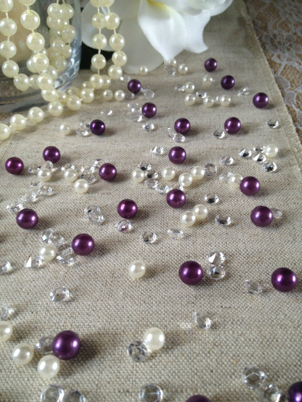 250pc Vintage Purple Pearls & Diamond Table Scatters For Wedding, Parties, Perfect for wine glass fillers, mason jars.