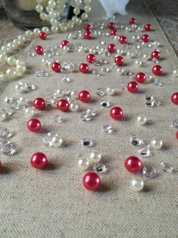 Red Pearls & Diamond Vintage Table Scatters For Wedding, Parties, Perfect for wine glass fillers, mason jars.