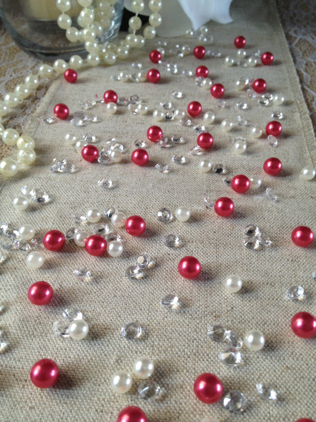 Red Pearls & Diamond Vintage Table Scatters For Wedding, Parties, Perfect for wine glass fillers, mason jars.