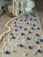 250pc Vintage Royal Blue Pearls & Diamond Table Scatters For Wedding, Parties, Perfect for wine glass fillers, mason jars.