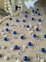 250pc Vintage Royal Blue Pearls & Diamond Table Scatters For Wedding, Parties, Perfect for wine glass fillers, mason jars.