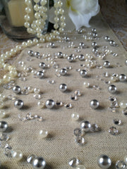 250pc Vintage Silver Pearls & Diamond Table Scatters For Wedding, Parties, Perfect for wine glass fillers, mason jars.