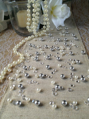 250pc Vintage Silver Pearls & Diamond Table Scatters For Wedding, Parties, Perfect for wine glass fillers, mason jars.