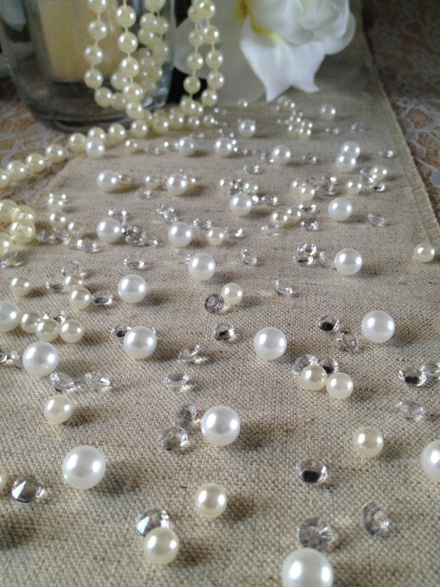 250pc Vintage White Pearls & Diamond Table Scatters For Wedding, Parties, Perfect for wine glass fillers, mason jars.