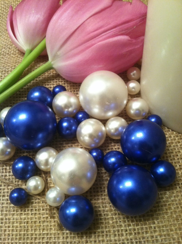 Royal Blue/White Floating Pearls Centerpiece, Vase Fillers, Table Scatters