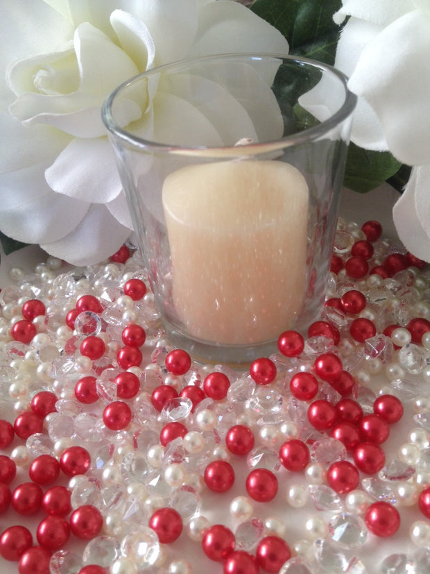 500pcs Pearls & Diamonds Red and White Pearls For Candle Fillers, Table Scatters