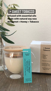 Sweet Tobacco Soy Candle, bergamot, honey, tobacco,  double walled glass candle