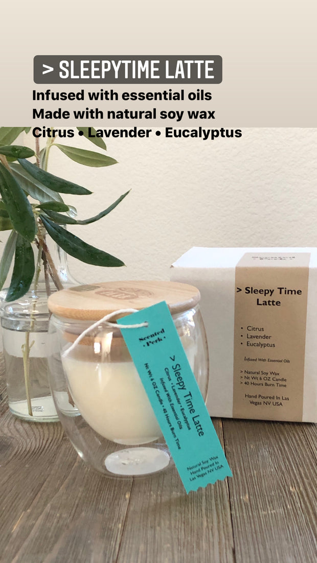Sleepytime Latte Soy Candle, Citrus, Lavender, eucalyptus,  double walled glass candle