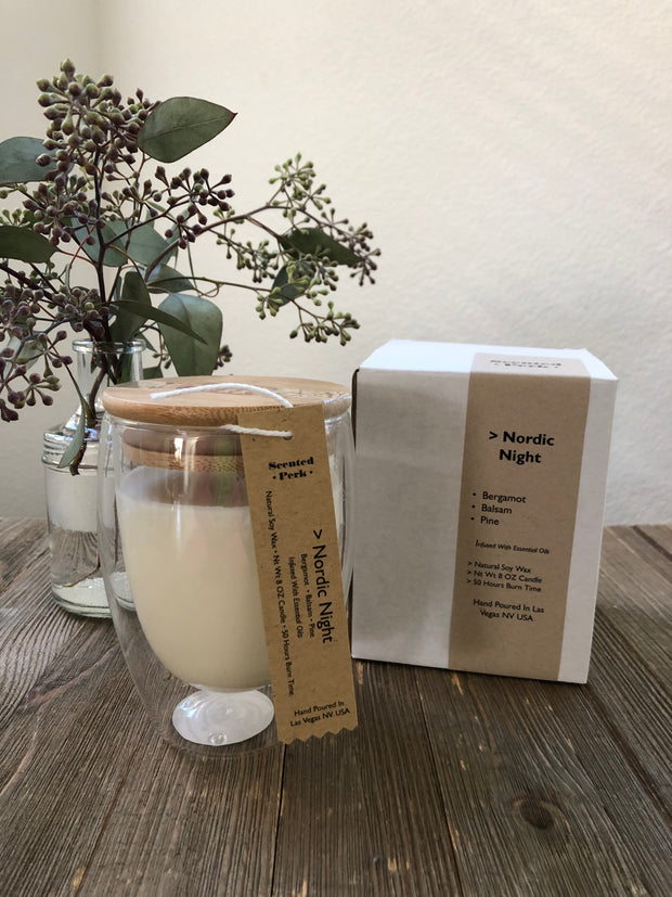 Nordic Night Soy Candle, Bergamot, Balsam, Pine, double walled glass candle