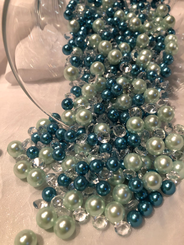 Teal Light Blue Pearls, Diamond Confetti Vase Fillers 500pc Small Pearls No Holes