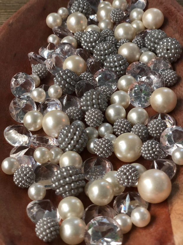 Vase Fillers Silver Berry Beads/Pearls/Diamonds Filler, Create beautiful table desert decor perfect for mason jars, wine glass fillers