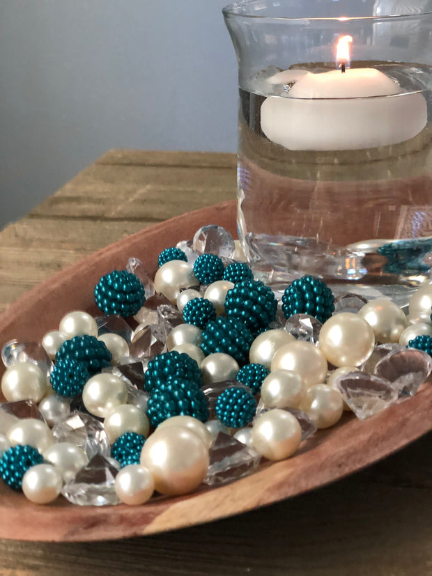 Vase Fillers Teal Berry Beads/Pearls/Diamonds Filler, Create beautiful table desert decor perfect for mason jars, wine glass fillers