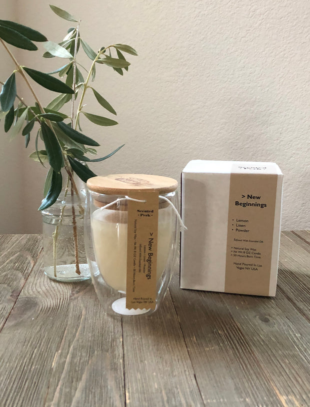 New Beginnings Soy Candle, lemon, linen, powder double walled glass candle