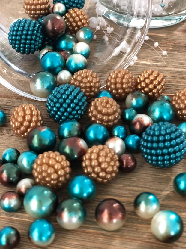 Ombre Floating Pearls/Berry Beads Teal Blue/Brown 80pc mix size pearls. DIY Floating Pearl Centerpiece