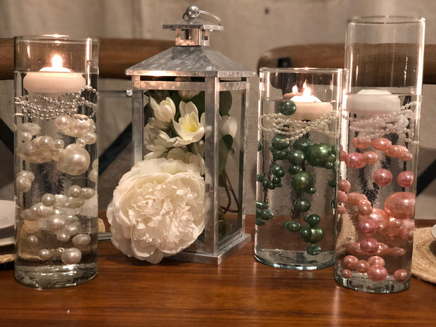 Dusty Coral, Green Sage, Ivory DIY Floating Pearl Centerpiece 150pc Mix size no hole pearls
