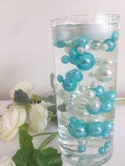Teal Blue And White Pearls, Vase Filler Pearls, DIY Floating Pearl Centerpiece, Table Scatters And Confetti, Jumbo Mix Size Pearls