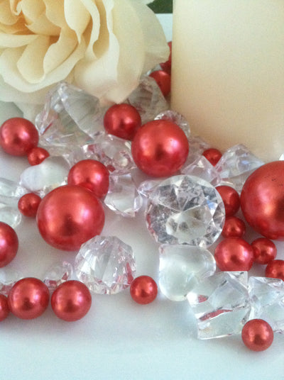 Red pearls diamond vase fillers, table scatter confetti, bowl fillers