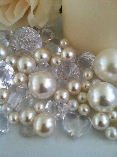 Ivory Pearls Diamonds vase fillers, table scatter confetti, bowl fillers