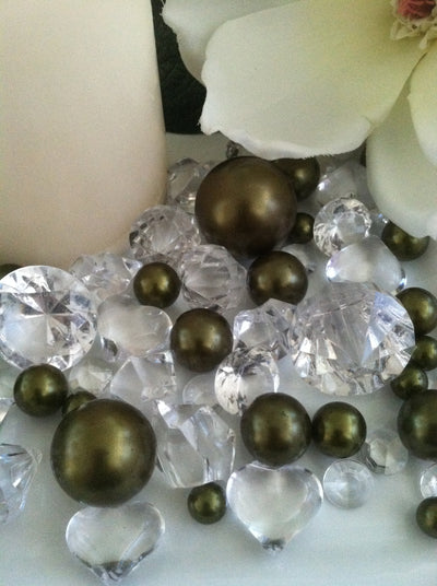Sage green pearls diamonds vase fillers, table scatters confetti
