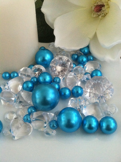 Teal blue pearls diamonds vase fillers, table scatter confetti, bowl fillers