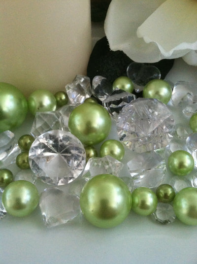 Lime green pearls diamonds vase fillers, table scatter confetti, bowl fillers