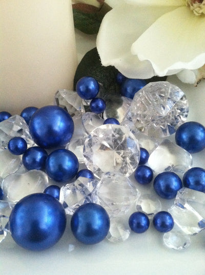 Royal blue pearls diamonds vase fillers, table scatter confetti, bowl fillers