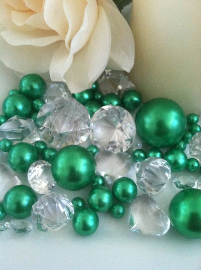 Emeral green pearls diamonds vase fillers, table scatters, bowl fillers