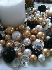 Holiday bowl fillers, black gold silver white pearls diamonds vase fillers