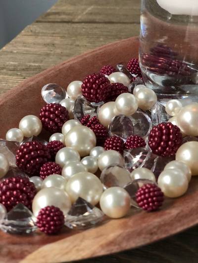 Vase Fillers Burgundy Berry Beads/Pearls/Diamonds Filler, Create beautiful table desert decor perfect for mason jars, wine glass fillers