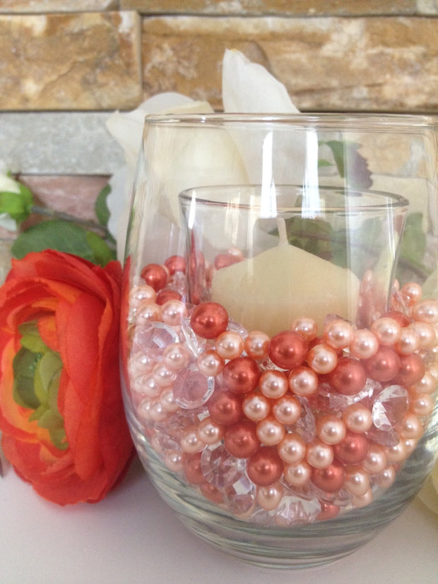Diamonds And Pearls Table Scatter, Peach And Coral Orange Table Confetti, Vase Filler Pearls For Candles, Wine glass