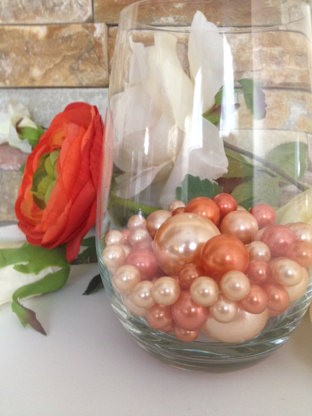 Peach And Coral Orange Vase Filler Pearls, DIY Floating Pearl Centerpiece, Table Scatters And Confetti, Jumbo Mix Size Pearls