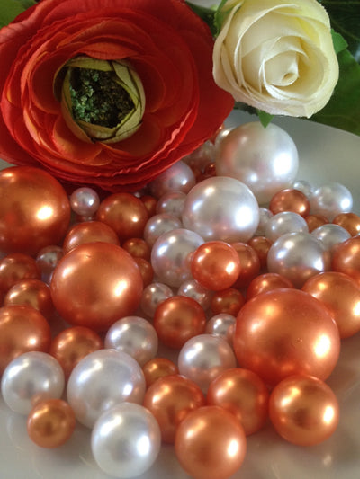 Coral Orange And White Pearls, Vase Filler Pearls, DIY Floating Pearl Centerpiece, Table Scatters And Confetti, Jumbo Mix Size Pearls
