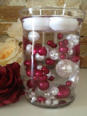 80 Cranberry/White Pearls, Jumbo & Mix Size Pearls, No Hole Pearls For Vase Fillers, Crafts, DIY Floating Pearls