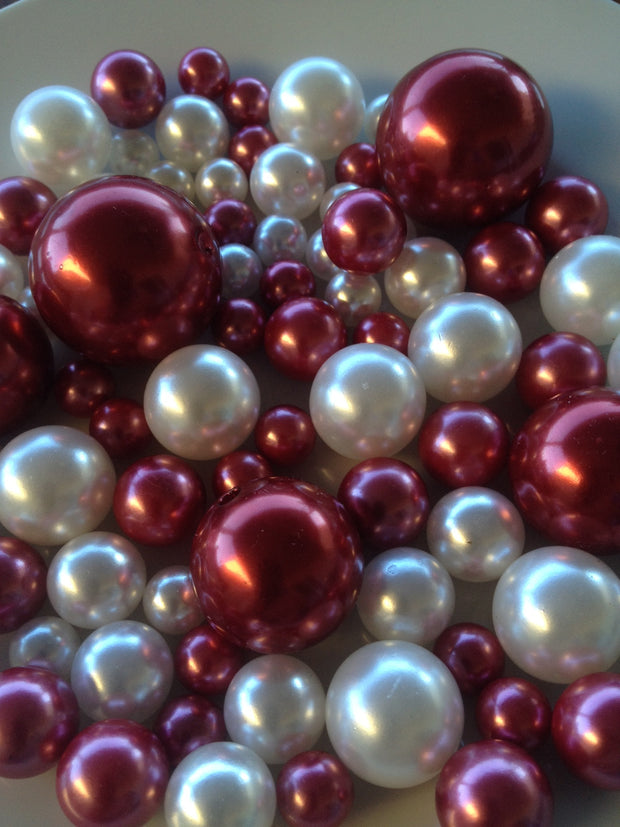 Cranberry Red And White Vase Filler Pearls, DIY Floating Pearl Centerpiece, Table Scatters And Confetti, Jumbo Mix Size Pearls