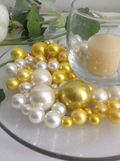 Gold And Ivory Pearls, Vase Filler Pearls, DIY Floating Pearl Centerpiece, Table Scatters And Confetti, Jumbo Mix Size Pearls