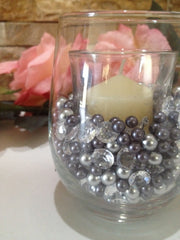 Diamonds And Pearls Table Scatter, Light Silver & Gray Pearls, Clear Diamond Table Confetti, Vase Filler Pearls For Candles, Wine glass