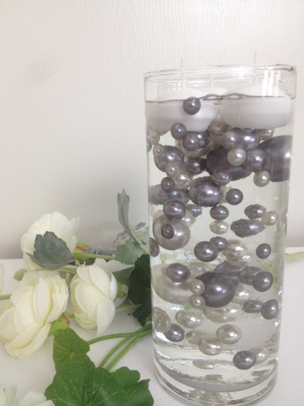 Vase Filler Pearls For Floating Pearl Centerpiece, Gray/Light Silver Pearls 80 Jumbo & Mix Size Pearls, No Hole Pearls