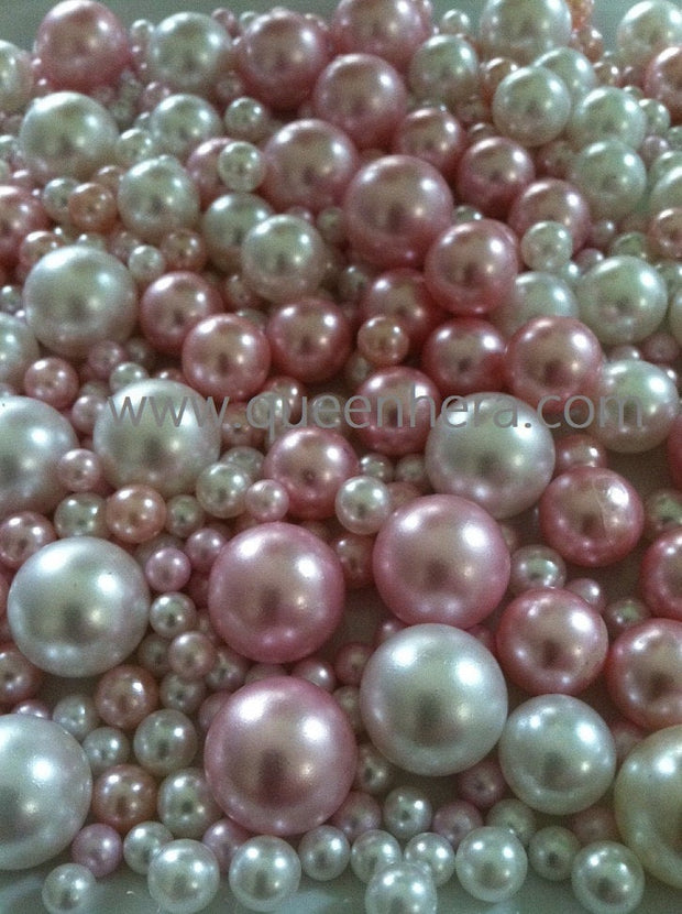375 Pcs Ivory/Light Pink Pearl Beads No Holes (Mix 18mm, 14mm, 8mm, 6mm) For Vase Fillers, Centerpieces