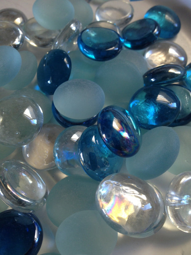 50pc Flat Glass Gems 17-19mm frost blue, cobalt blue, Clear - vase fillers planters top dressing, Mosaic crafts, scatters