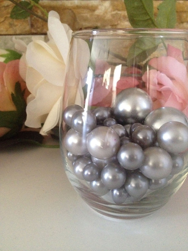 Gray/Silver Pearls 80pc Mix,  Jumbo Pearl Vase Fillers, Table Scatters, Floating Pearl Centerpiece