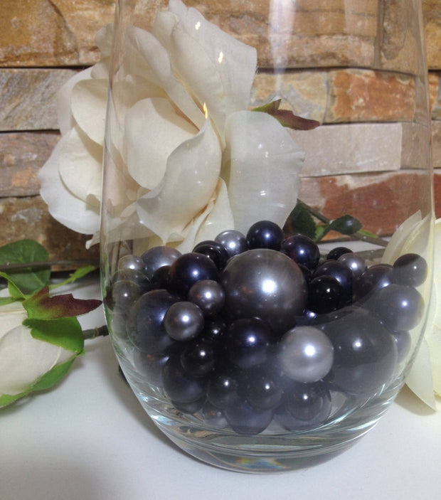 Black/Gray/Charcoal Pearls 80pc Mix, Jumbo Pearls Vase Fillers, Scatters, Floating Pearl Centerpiece. Wedding Pearl Centerpieces